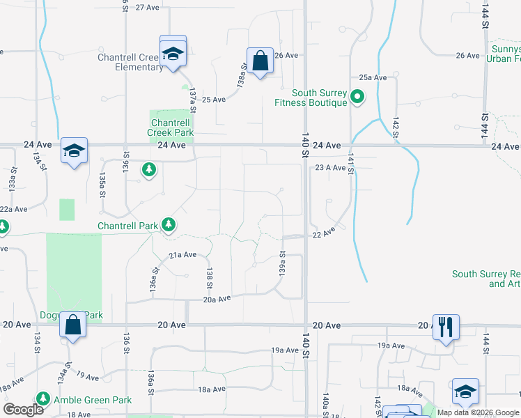 map of restaurants, bars, coffee shops, grocery stores, and more near 13923 22A Avenue in Surrey