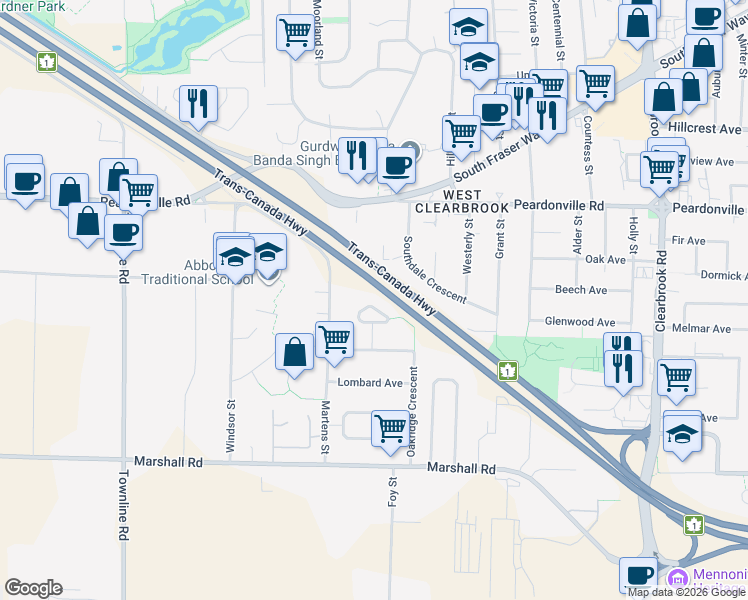 map of restaurants, bars, coffee shops, grocery stores, and more near 2225 Crystal Court in Abbotsford