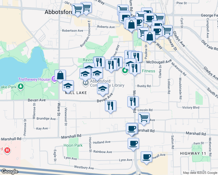 map of restaurants, bars, coffee shops, grocery stores, and more near 33467 Bevan Avenue in Abbotsford