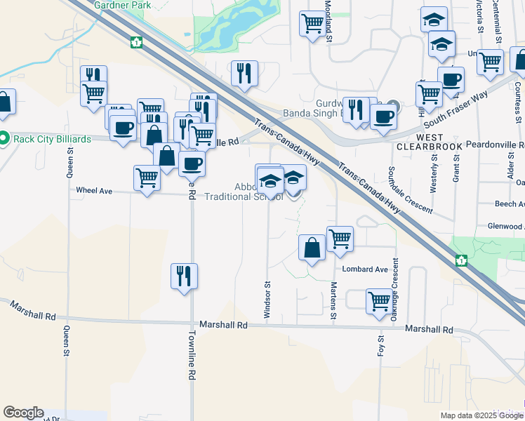 map of restaurants, bars, coffee shops, grocery stores, and more near 2247 Windsor Street in Abbotsford