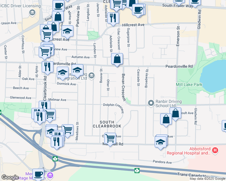 map of restaurants, bars, coffee shops, grocery stores, and more near 2277 Rainier Street in Abbotsford