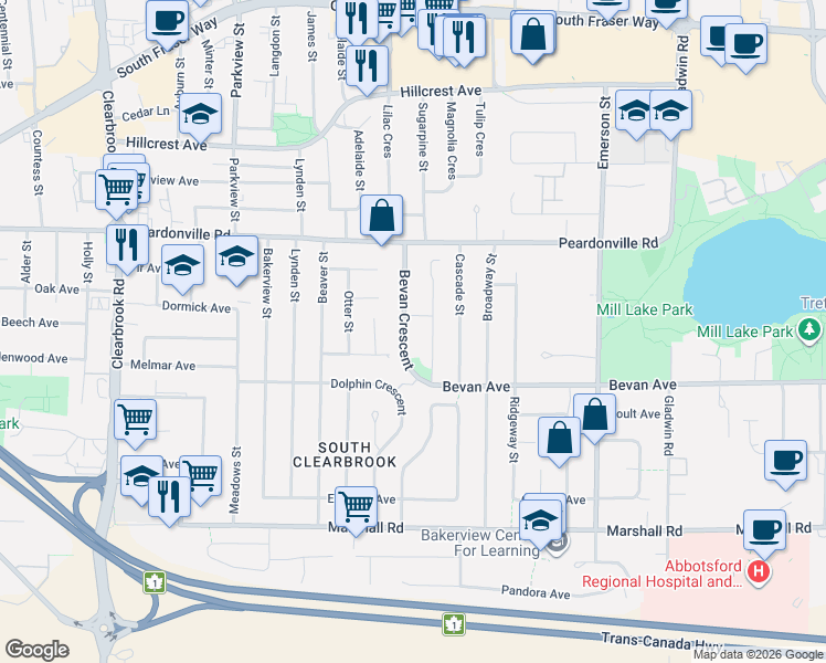 map of restaurants, bars, coffee shops, grocery stores, and more near 2272 Bevan Crescent in Abbotsford