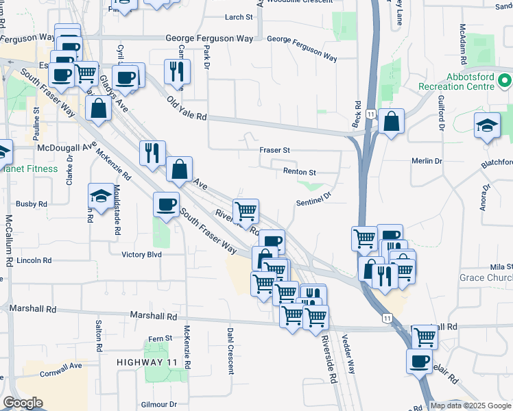 map of restaurants, bars, coffee shops, grocery stores, and more near 34165 Gladys Avenue in Abbotsford