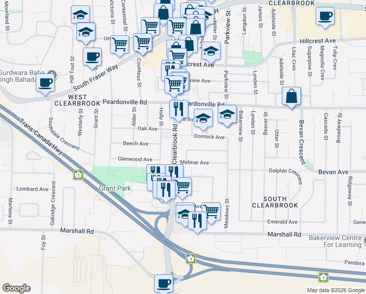 map of restaurants, bars, coffee shops, grocery stores, and more near 32041 Debreen Crescent in Abbotsford