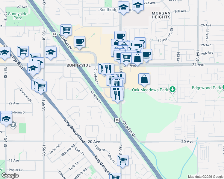 map of restaurants, bars, coffee shops, grocery stores, and more near 2285 160 Street in Surrey