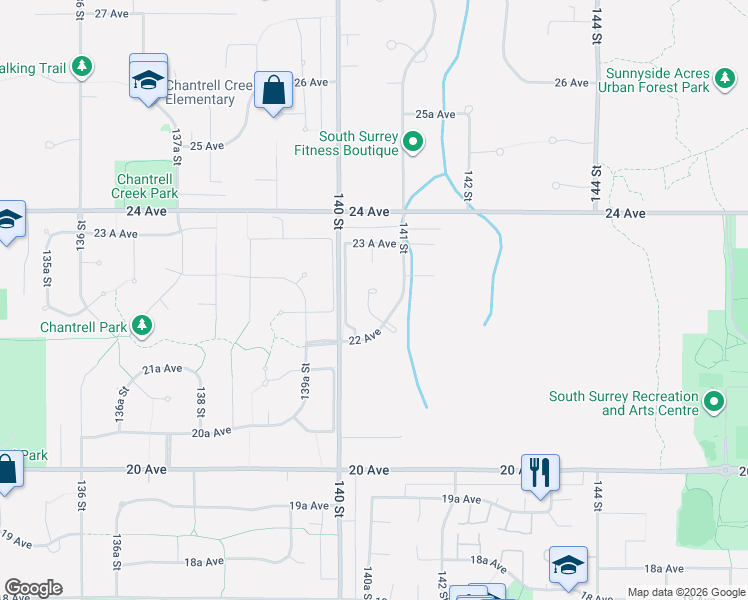map of restaurants, bars, coffee shops, grocery stores, and more near 2244 140A Street in Surrey