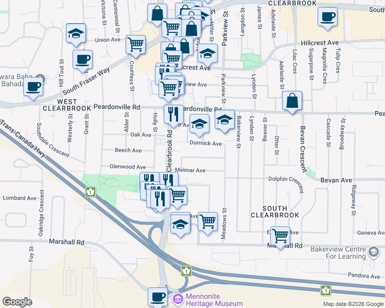 map of restaurants, bars, coffee shops, grocery stores, and more near 32075 Debreen Crescent in Abbotsford