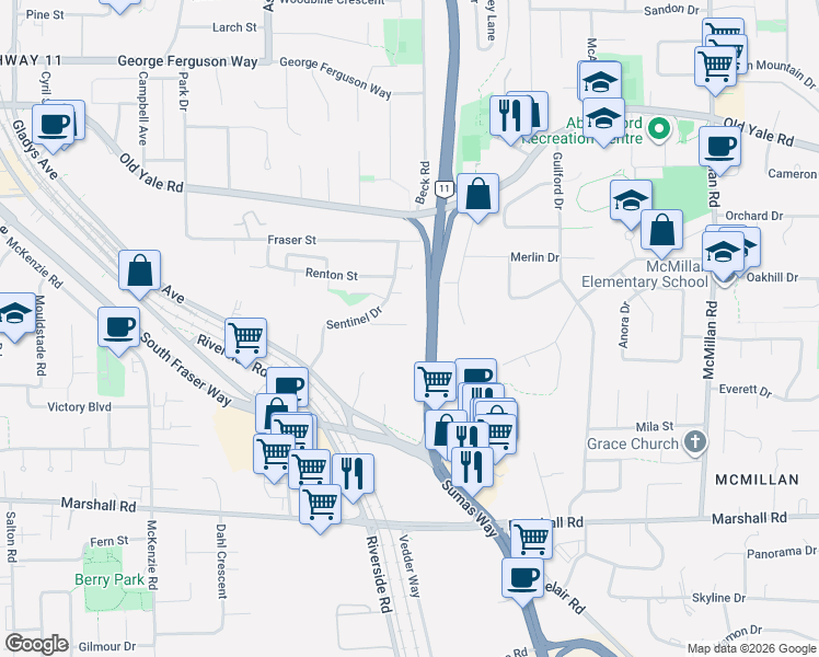 map of restaurants, bars, coffee shops, grocery stores, and more near 34388 Russet Place in Abbotsford