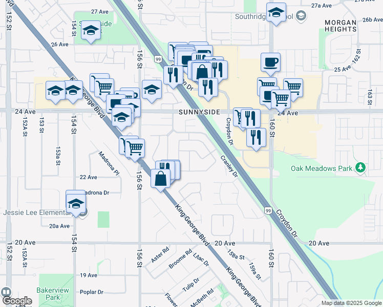 map of restaurants, bars, coffee shops, grocery stores, and more near 2303 Cranley Drive in Surrey
