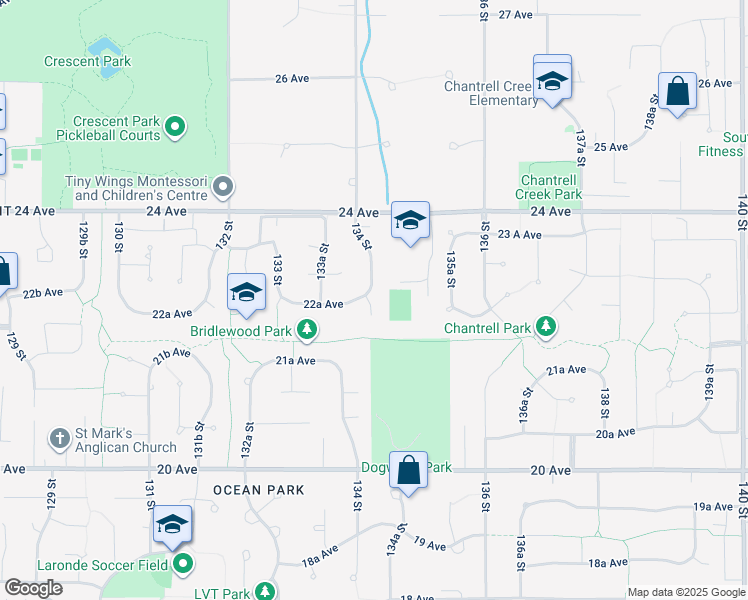 map of restaurants, bars, coffee shops, grocery stores, and more near 2250 134 Street in Surrey