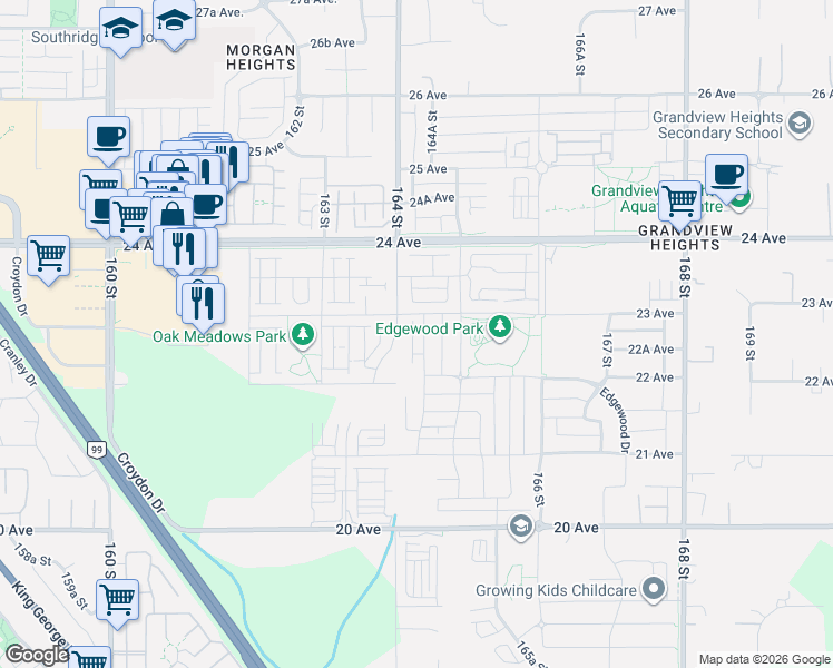 map of restaurants, bars, coffee shops, grocery stores, and more near 2239 164A Street in Surrey