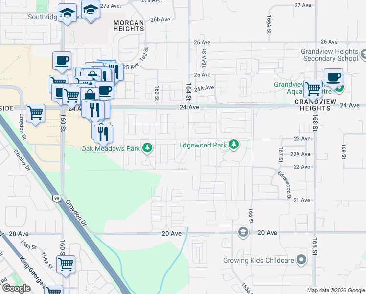 map of restaurants, bars, coffee shops, grocery stores, and more near 2277 Oak Meadows Drive in Surrey