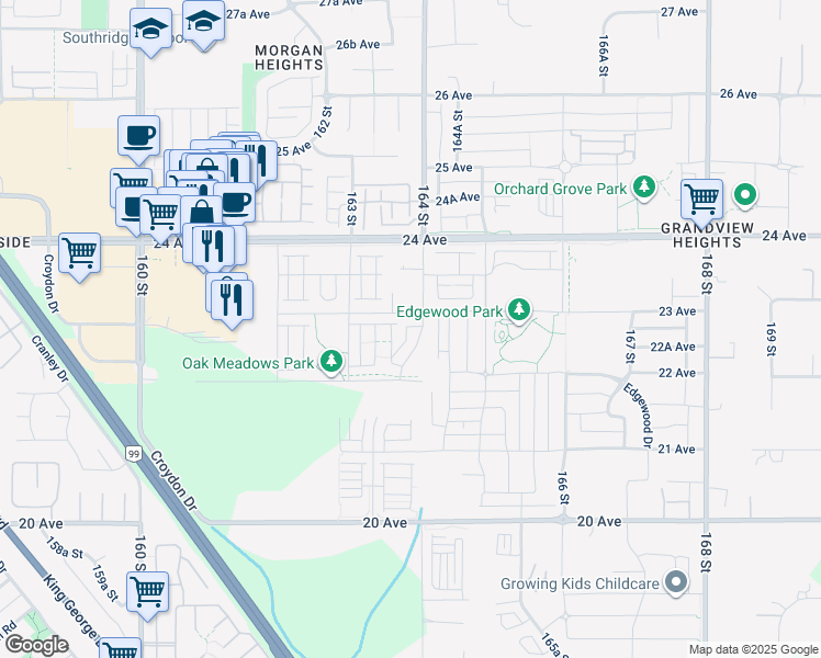 map of restaurants, bars, coffee shops, grocery stores, and more near 2277 Oak Meadows Drive in Surrey