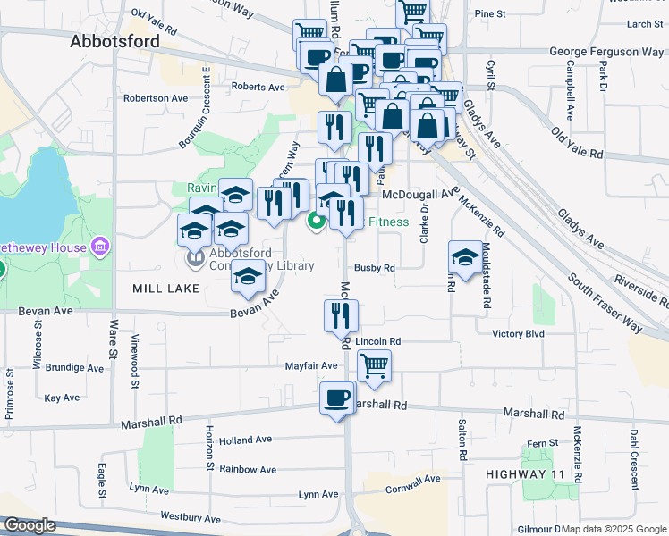 map of restaurants, bars, coffee shops, grocery stores, and more near 2277 McCallum Road in Abbotsford