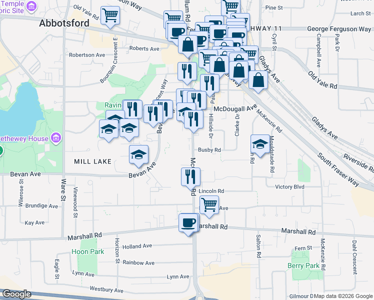 map of restaurants, bars, coffee shops, grocery stores, and more near 2277 McCallum Road in Abbotsford