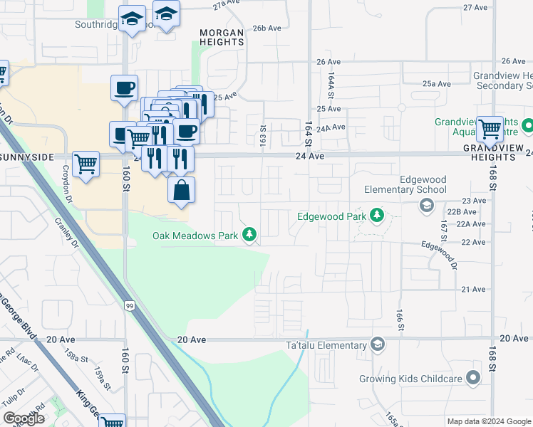 map of restaurants, bars, coffee shops, grocery stores, and more near 2280 163 Street in Surrey
