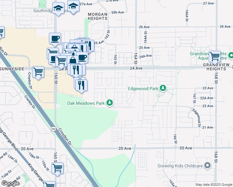 map of restaurants, bars, coffee shops, grocery stores, and more near 2280 163 Street in Surrey