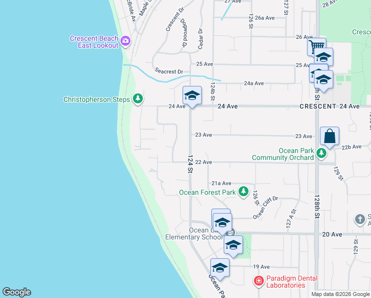 map of restaurants, bars, coffee shops, grocery stores, and more near 2255 124 Street in Surrey