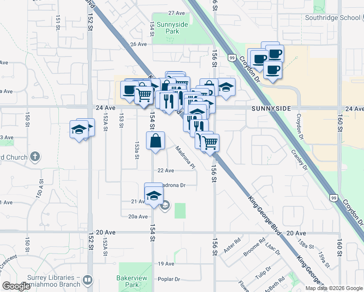 map of restaurants, bars, coffee shops, grocery stores, and more near 2262 Madrona Place in Surrey