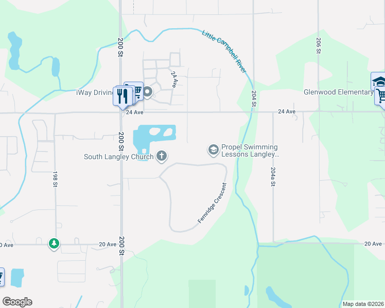 map of restaurants, bars, coffee shops, grocery stores, and more near 2303 202 Street in Langley