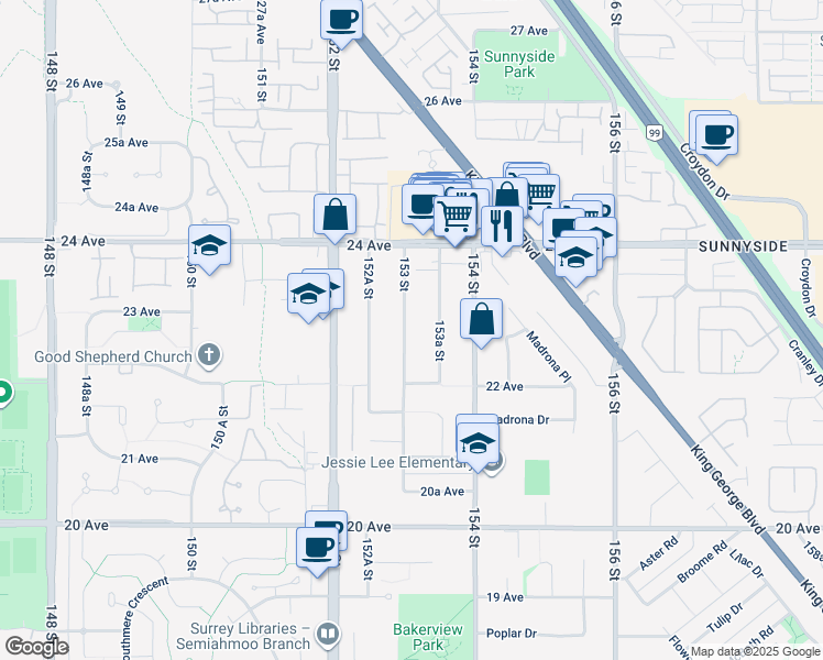 map of restaurants, bars, coffee shops, grocery stores, and more near 2280 153 Street in Surrey