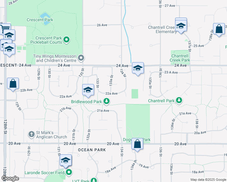 map of restaurants, bars, coffee shops, grocery stores, and more near 2262 133A Street in Surrey