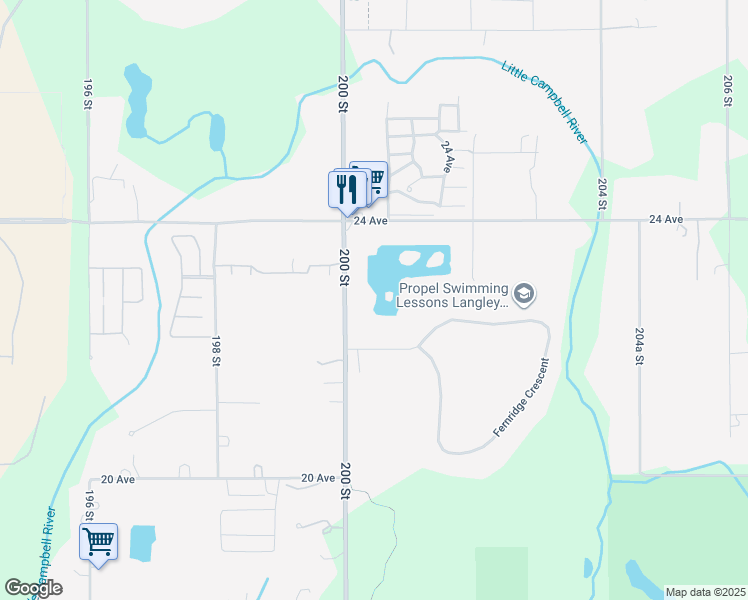 map of restaurants, bars, coffee shops, grocery stores, and more near 2306 200 Street in Langley Township