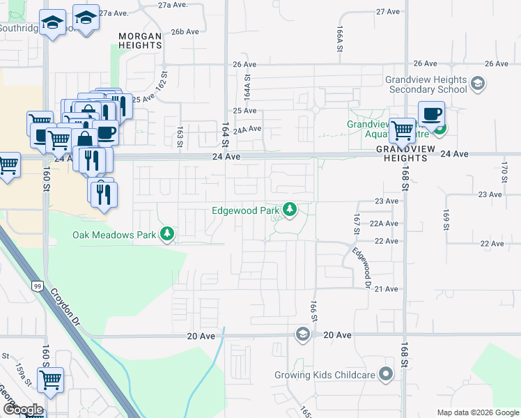 map of restaurants, bars, coffee shops, grocery stores, and more near 2289 165 Street in Surrey