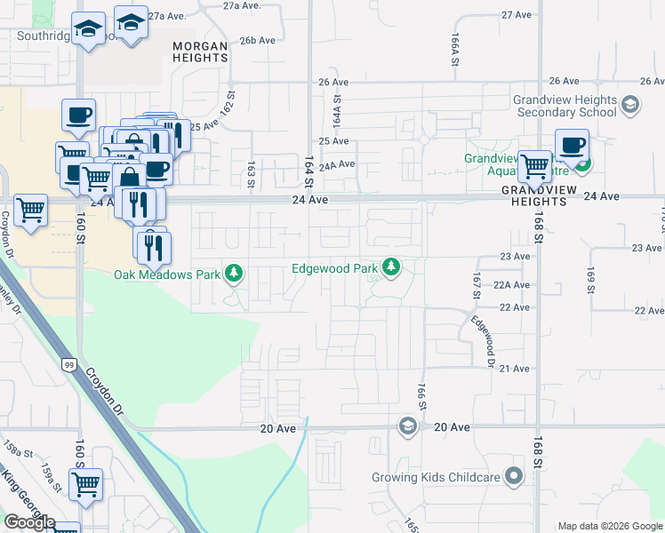 map of restaurants, bars, coffee shops, grocery stores, and more near 2290 164A Street in Surrey