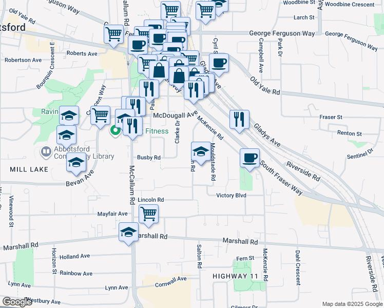 map of restaurants, bars, coffee shops, grocery stores, and more near 2323 Lobban Road in Abbotsford