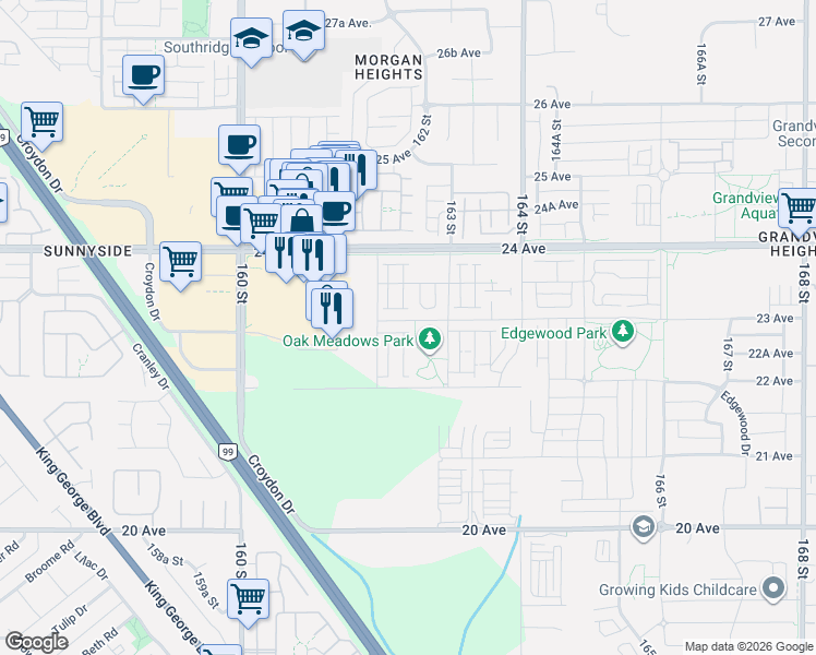 map of restaurants, bars, coffee shops, grocery stores, and more near in Surrey