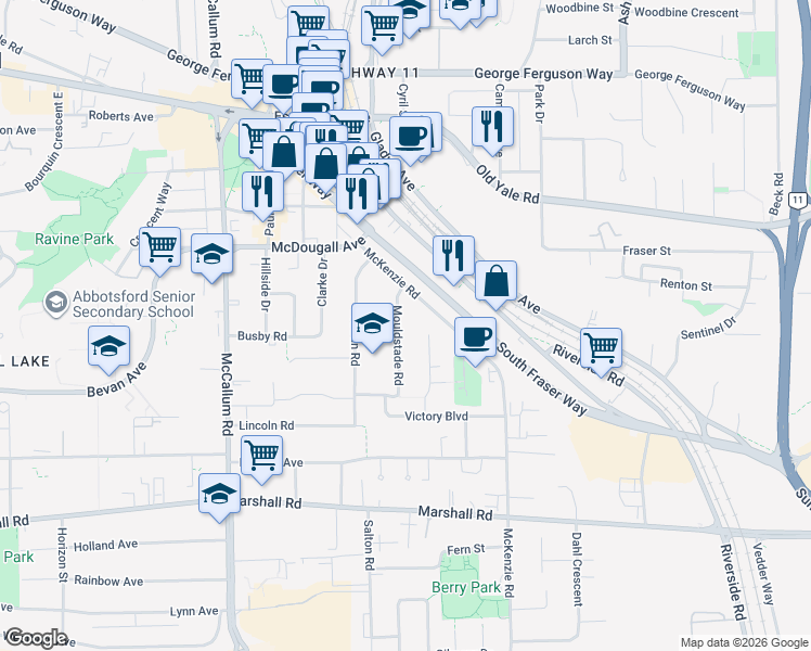 map of restaurants, bars, coffee shops, grocery stores, and more near 2321 McKenzie Road in Abbotsford