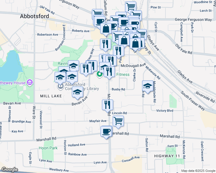 map of restaurants, bars, coffee shops, grocery stores, and more near 2279 McCallum Road in Abbotsford