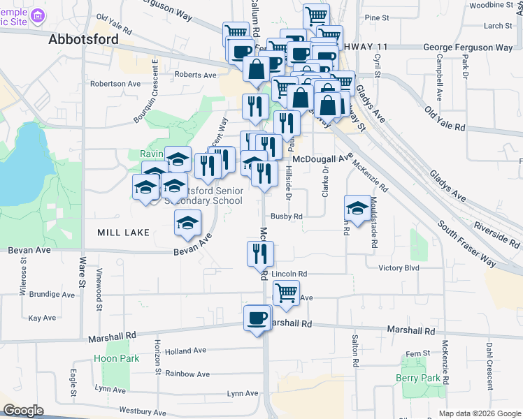 map of restaurants, bars, coffee shops, grocery stores, and more near in Abbotsford