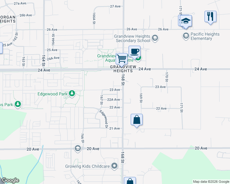 map of restaurants, bars, coffee shops, grocery stores, and more near 16772 23 Avenue in Surrey