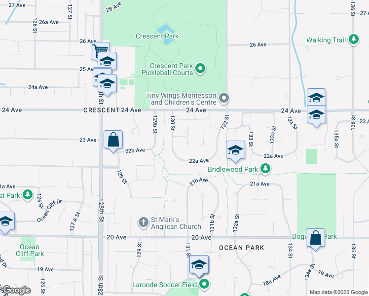 map of restaurants, bars, coffee shops, grocery stores, and more near 2279 130A Street in Surrey
