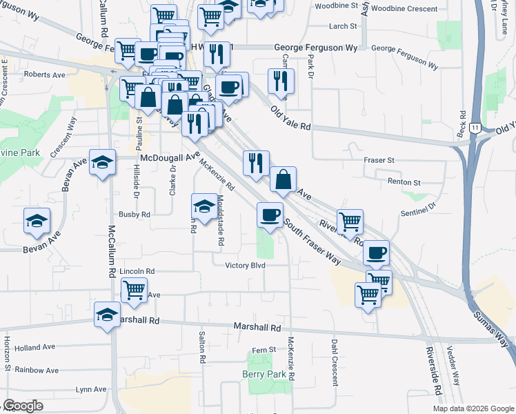 map of restaurants, bars, coffee shops, grocery stores, and more near 2 McKenzie Road in Abbotsford
