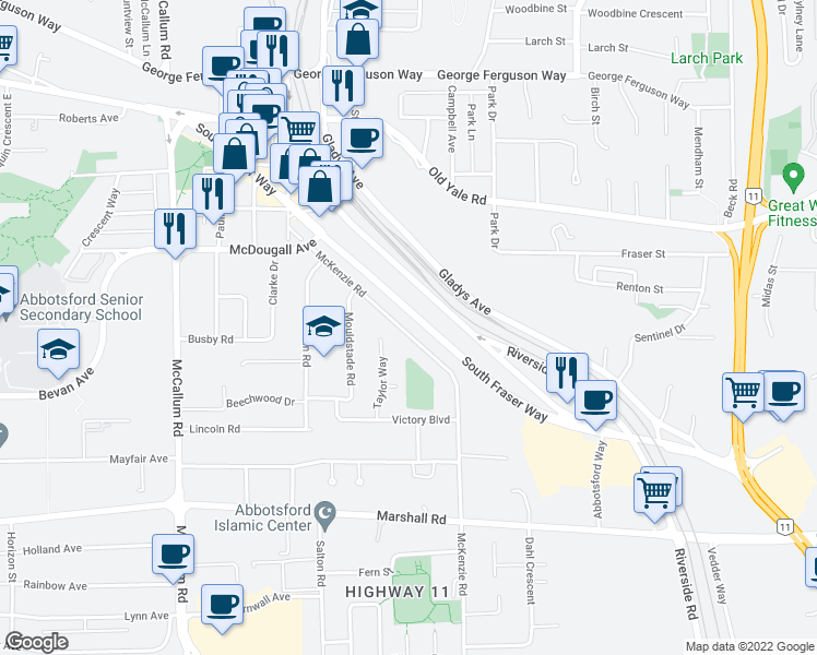 map of restaurants, bars, coffee shops, grocery stores, and more near 2294 McKenzie Road in Abbotsford