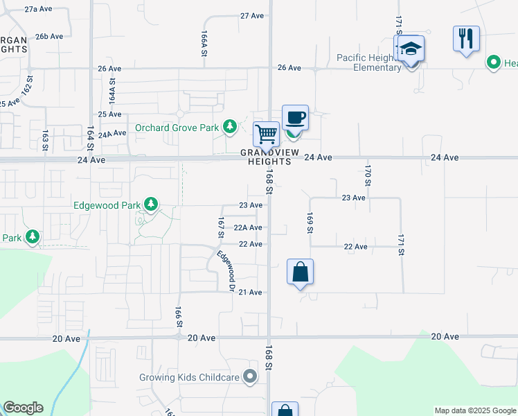 map of restaurants, bars, coffee shops, grocery stores, and more near 16772 23 Avenue in Surrey