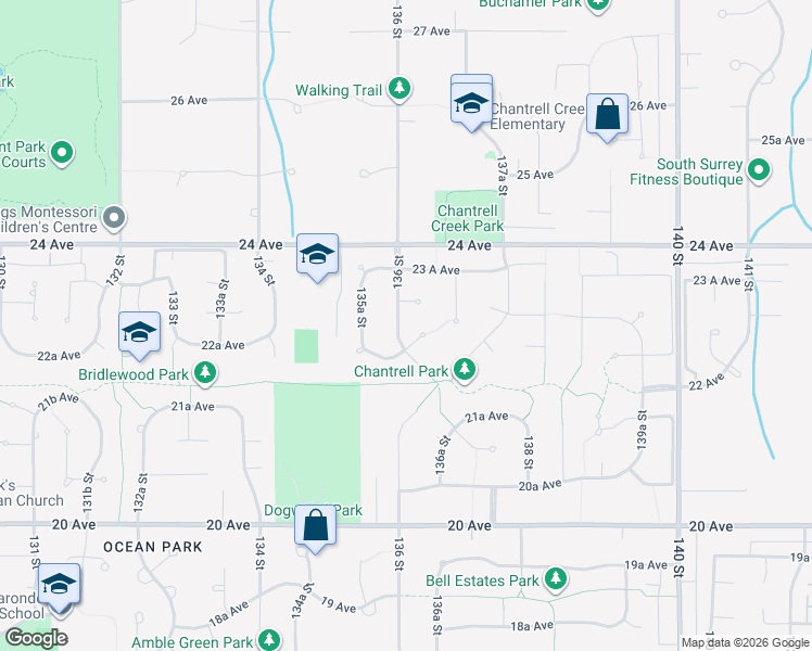 map of restaurants, bars, coffee shops, grocery stores, and more near 2276 136 Street in Surrey