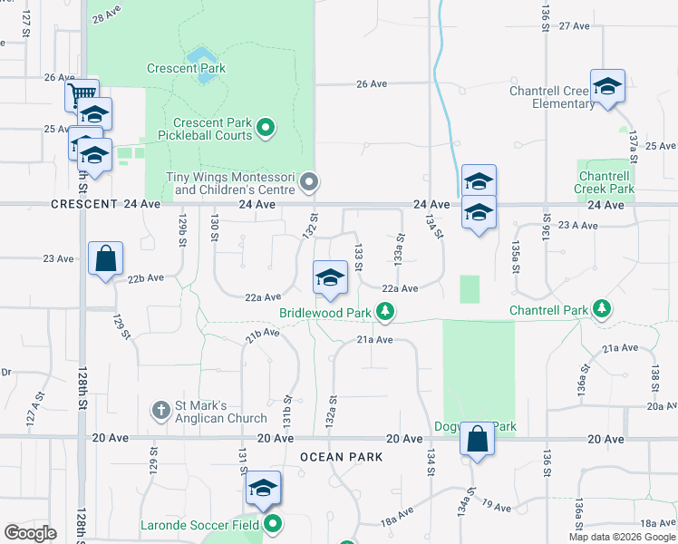 map of restaurants, bars, coffee shops, grocery stores, and more near 2278 132A Street in Surrey