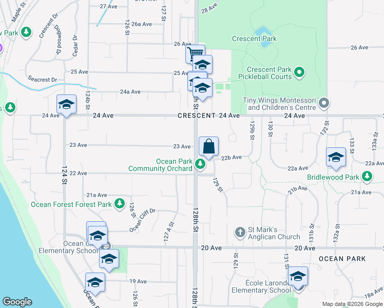 map of restaurants, bars, coffee shops, grocery stores, and more near 2271 128th Street in Surrey