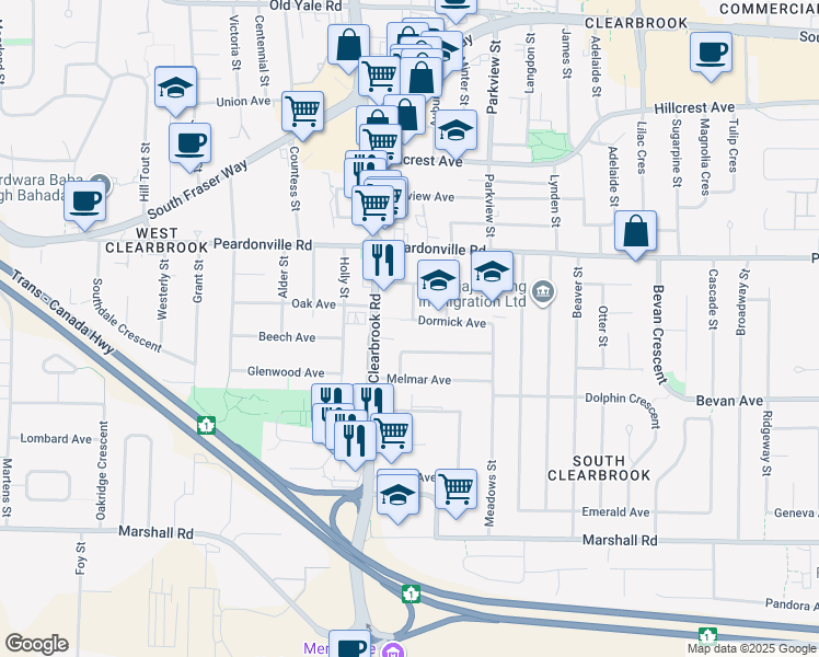 map of restaurants, bars, coffee shops, grocery stores, and more near 32046 Dormick Avenue in Abbotsford