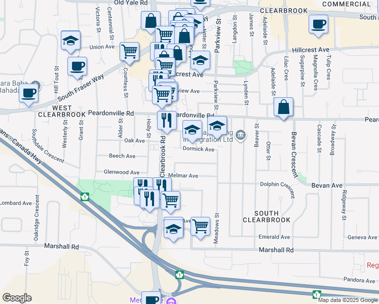 map of restaurants, bars, coffee shops, grocery stores, and more near 32076 Dormick Avenue in Abbotsford