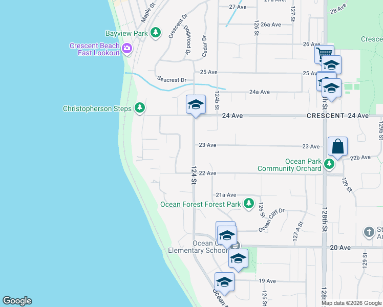map of restaurants, bars, coffee shops, grocery stores, and more near 2285 124 Street in Surrey