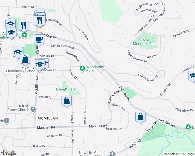map of restaurants, bars, coffee shops, grocery stores, and more near 2300 Harper Drive in Abbotsford