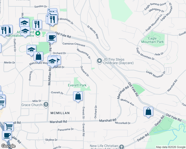 map of restaurants, bars, coffee shops, grocery stores, and more near 2319 Woodstock Drive in Abbotsford