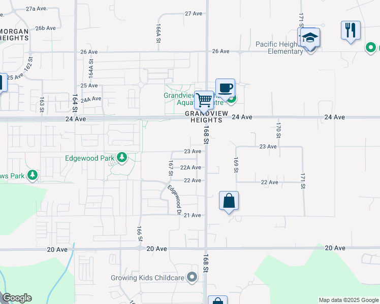 map of restaurants, bars, coffee shops, grocery stores, and more near 167A Street in Surrey