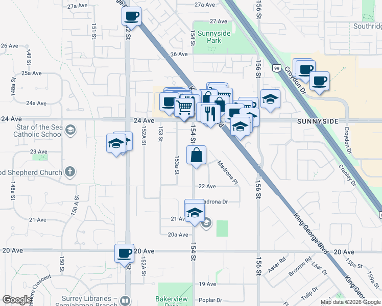 map of restaurants, bars, coffee shops, grocery stores, and more near 2297 154A Street in Surrey