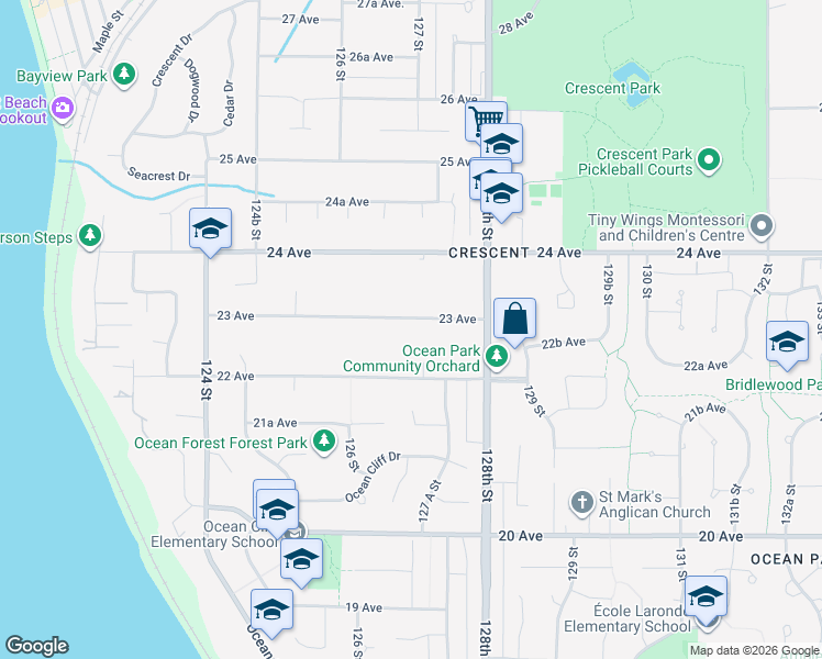 map of restaurants, bars, coffee shops, grocery stores, and more near 12688 23 Avenue in Surrey